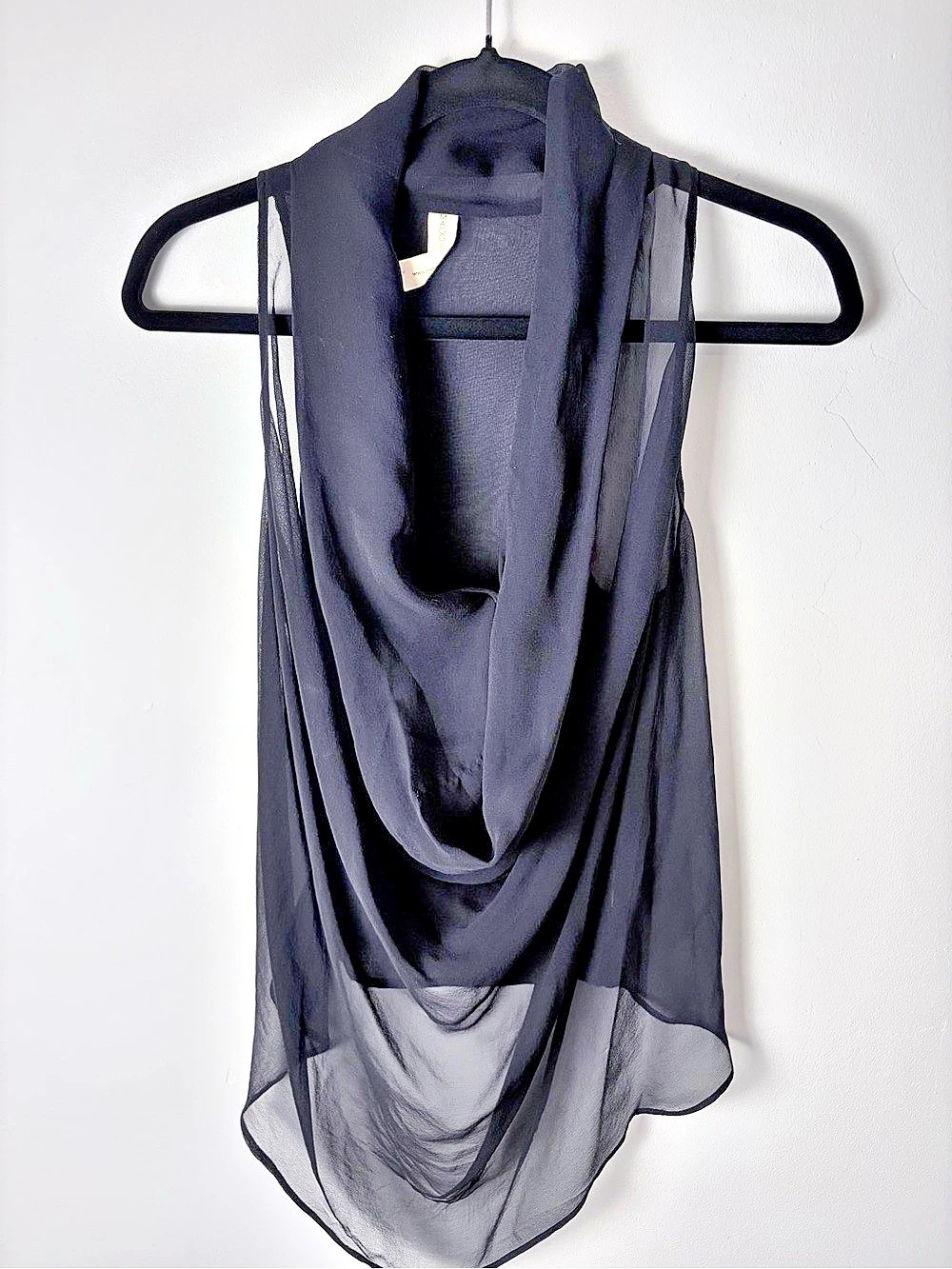Maggie Ward Black Sheer Draped Cowl Neck Sleeveless Top XS